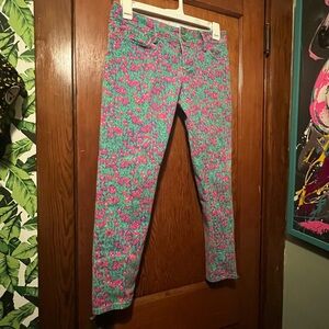 Lily Pulitzer Worth Skinny Jeans Teal Pink Floral Print Womens 6